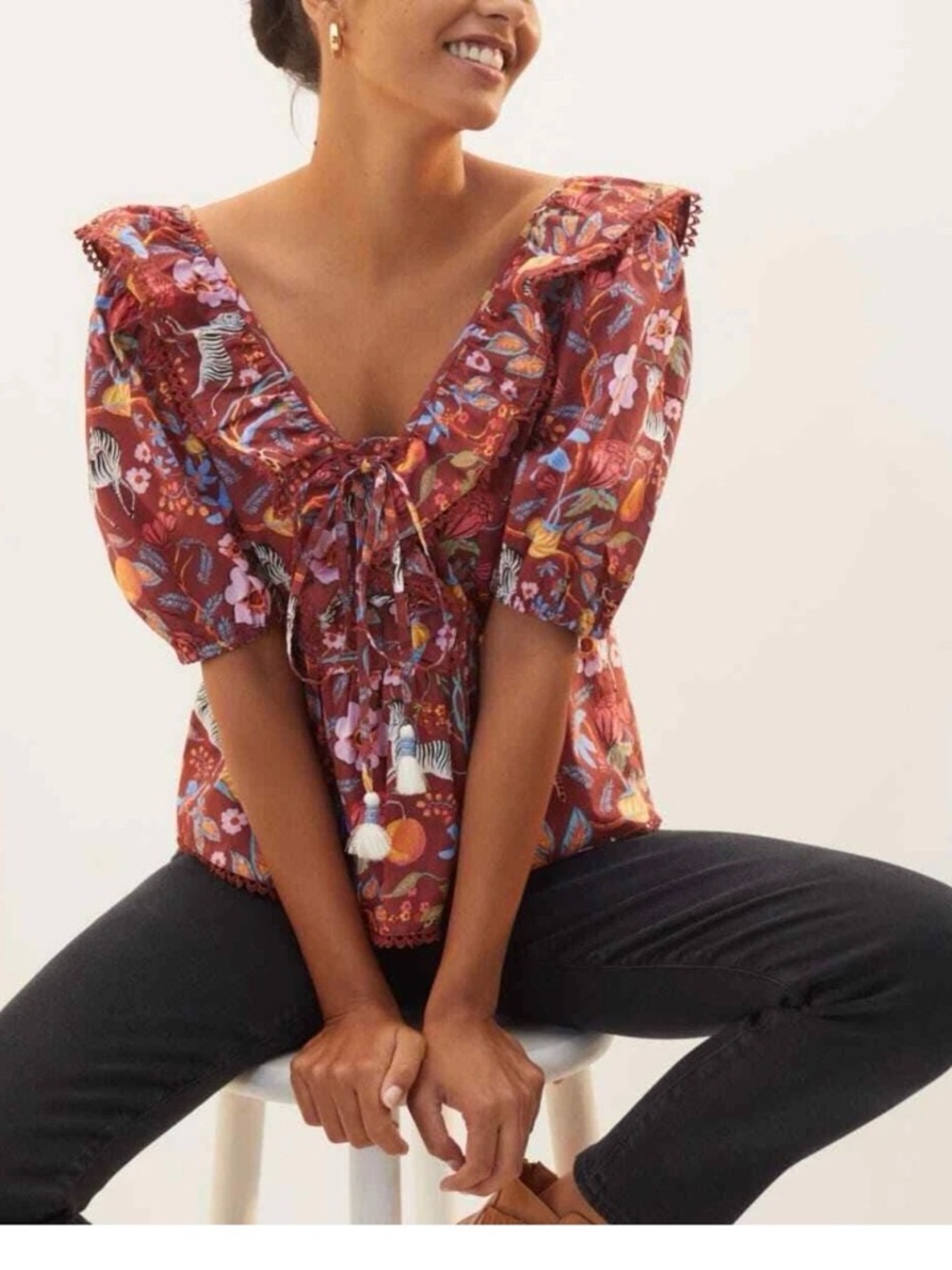 ANTHROPOLOGIE MAEVE Ruffled Tie Front Blouse with puff Sleeves Floral Print S